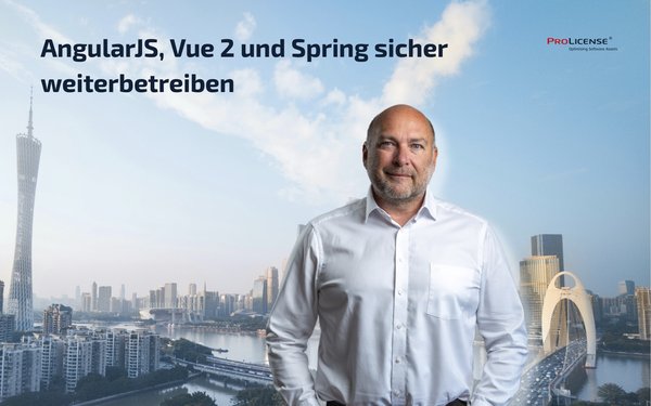 Ein Mann in einem weißen Hemd steht vor einer Stadtlandschaft mit Wolkenkratzern und einer Brücke. Im Hintergrund ist ein klarer Himmel zu sehen. Der Text oben nennt die Technologien AngularJS, Vue 2 und Spring für die sichere Weiterführung.