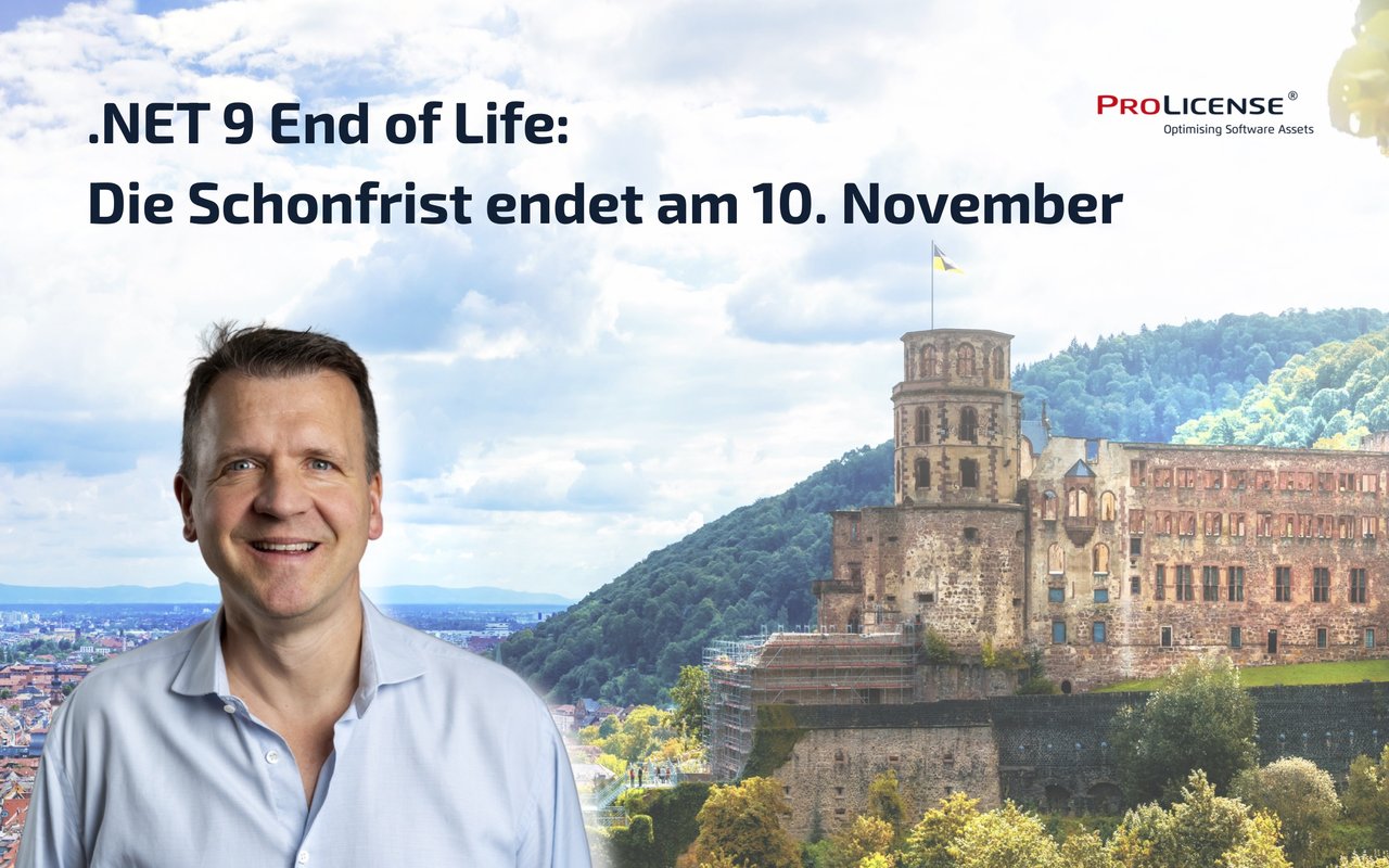 Ein lächelndes männliches Gesicht in einem blauen Hemd vor einer historischen Burglandschaft. Der Text informiert über das bevorstehende Ende der Supportfrist für .NET 9, das am 10. November endet.