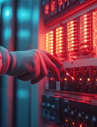 Techniker am Serverrack Ein Techniker in einem weißen Anzug und Handschuhen bedient eine Reihe von leuchtenden, rot und blau eingerahmten Schaltern und Anzeigen in einem Serverraum. Die Atmosphäre ist futuristisch und technologisch.