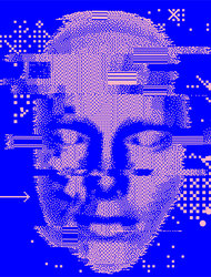 Digitale Gesichtsabstraktion Ein abstraktes Bild mit einem Gesicht, das aus kleinen Punkten und Linien auf einem blauen Hintergrund besteht. Das Gesicht wirkt verschwommen und im Zustand der Verzerrung, mit grafischen Elementen, die in verschiedene Richtungen zeigen.