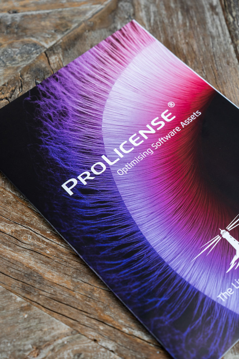ProLicense: Softwareoptimierung Ein Prospekt mit dem Titel "PROLICENSE" in großen, weißen Buchstaben. Der Hintergrund zeigt einen Farbverlauf von lila zu rosa mit einem grafischen Element, das an feine Borsten oder Fäden erinnert. Darunter steht der Untertitel "Optimising Software Assets".